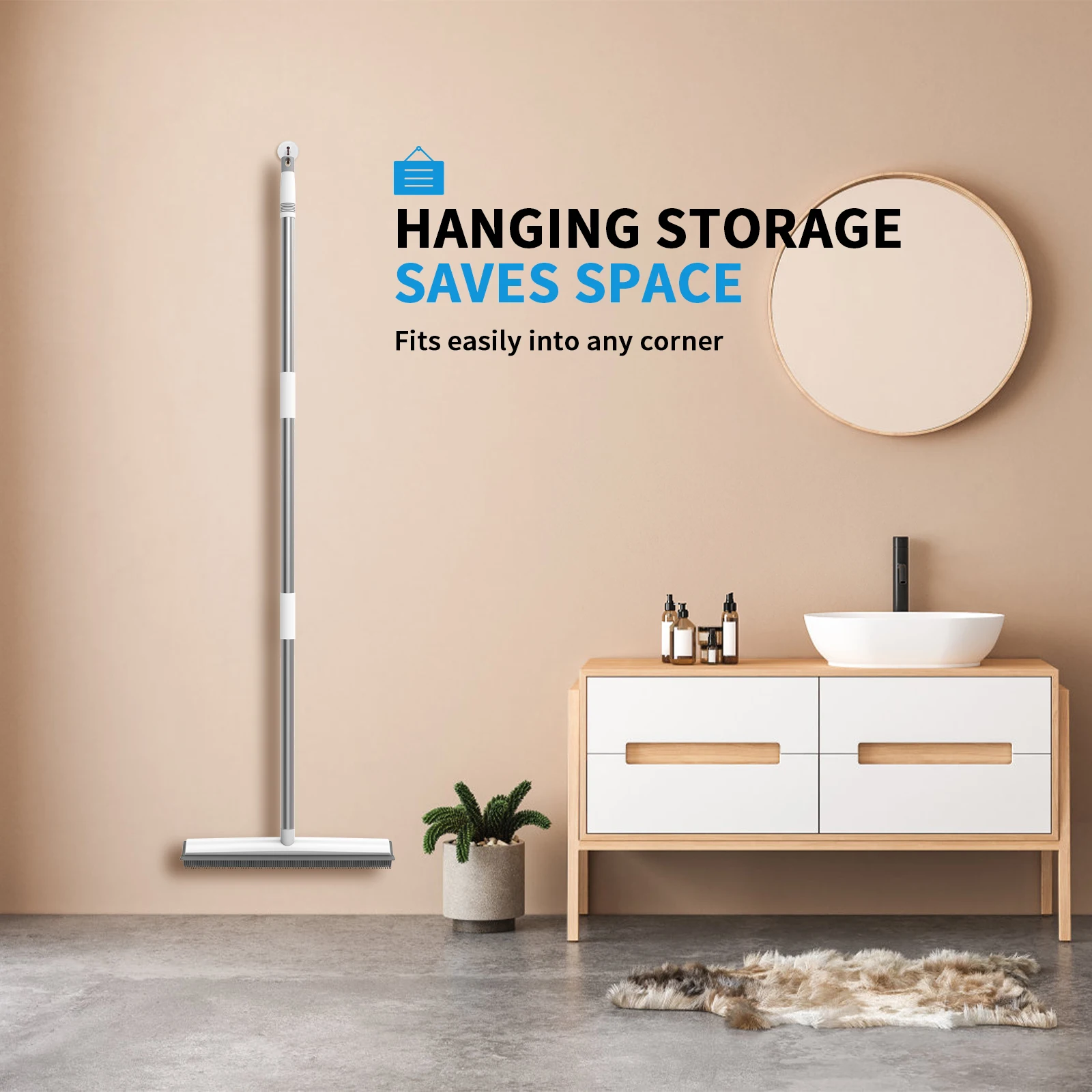 مكنسة ومكشطة مطاطية 2 في 1، مزيل شعر الحيوانات الأليفة من السيليكون للسجاد/الأرضيات الصلبة، مكنسة بمقبض طويل للبلاط/النافذ