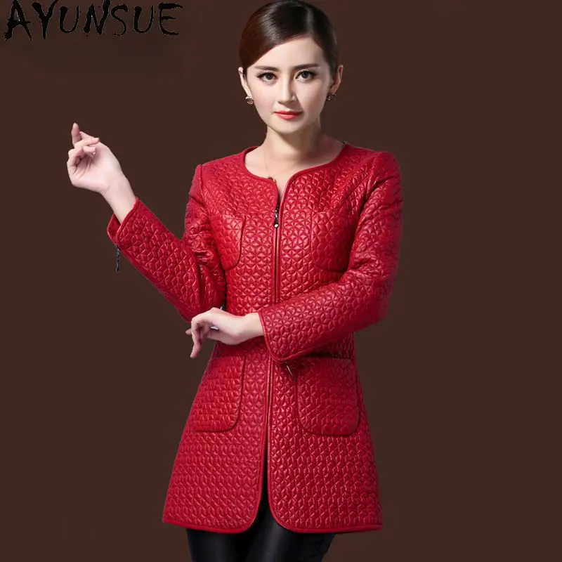 AYUNSUE-Chaqueta de piel de oveja auténtica para mujer, abrigo de cuero Real de longitud media con cuello redondo, rompevientos de algodón