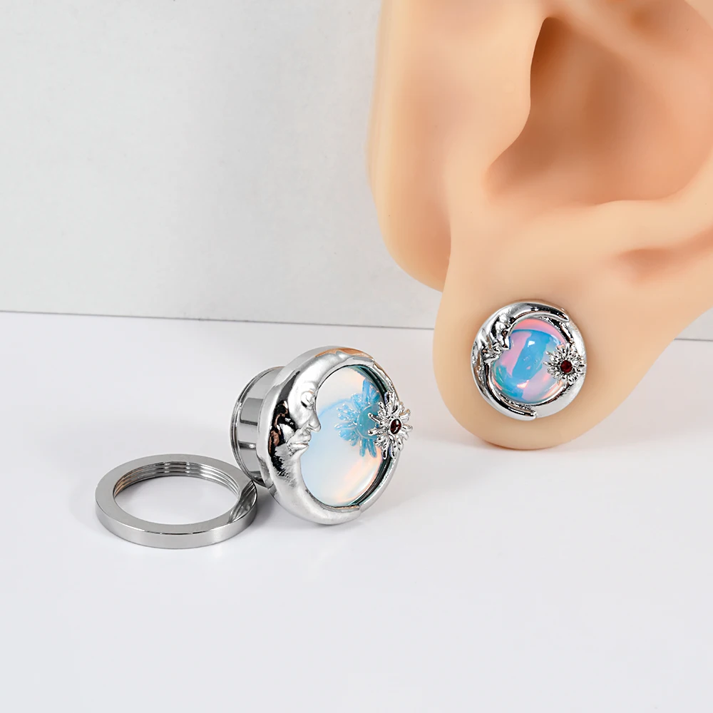 2PCS Stainless Steel Sun&Moon Ear Tunnel Plugs Earrings Flash Film Screw Fit On Gauges Expander Stretchers Piercing Body Jewelry