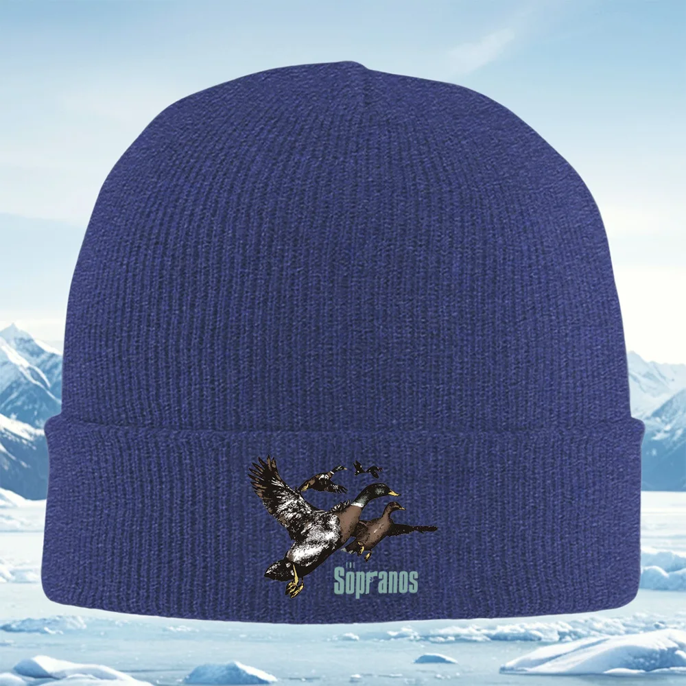 Flying ducks black background TV show logo Men Women Unisex Knitted Hat Beanie Pullover Cap Winter Thermal Warm Christmas Outdoo