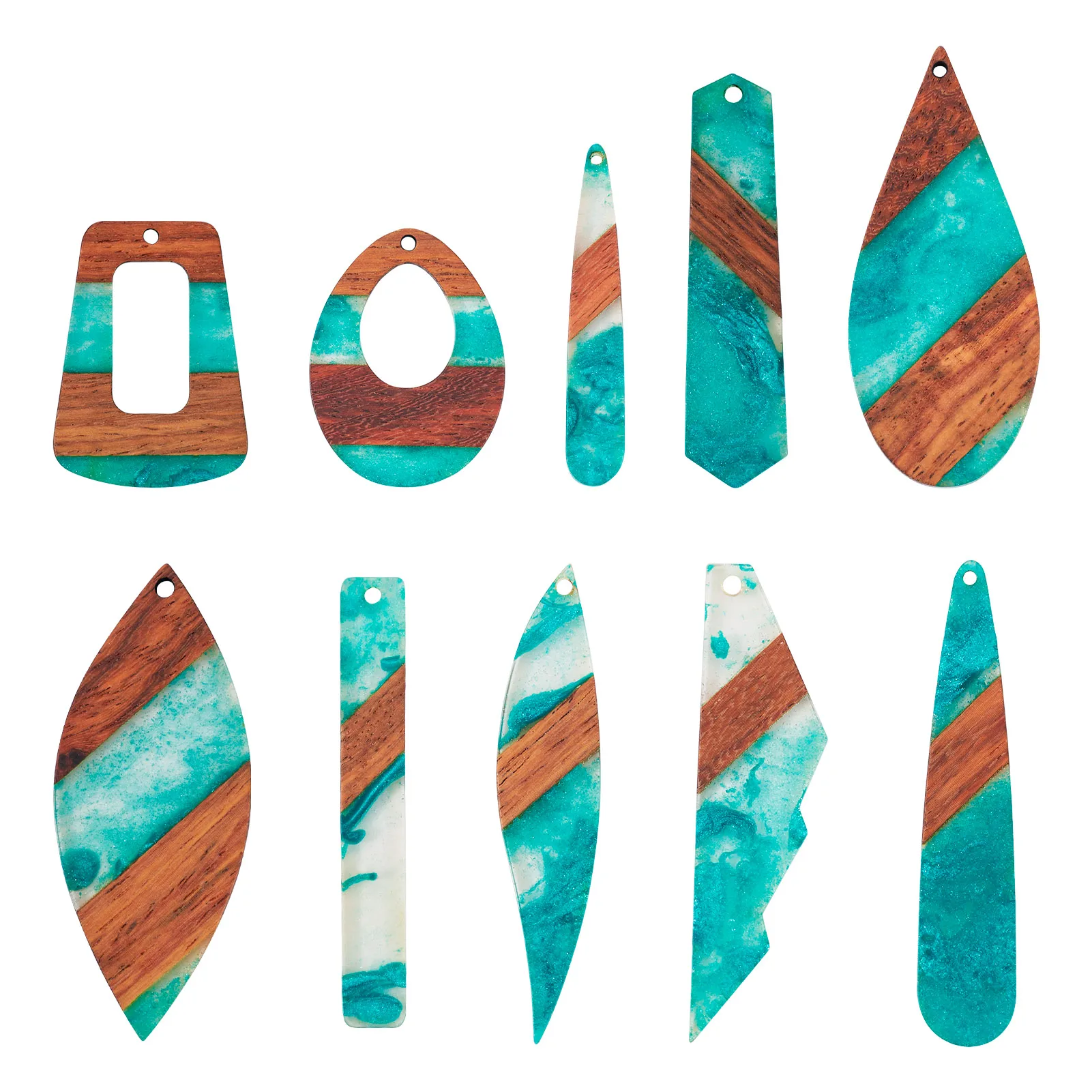 20Pcs  Transparent Resin & Walnut Wood Big Pendants Hexagon & Leaf & Teardrop Mixed Shapes Light Sea Green for DIY Earting Carft