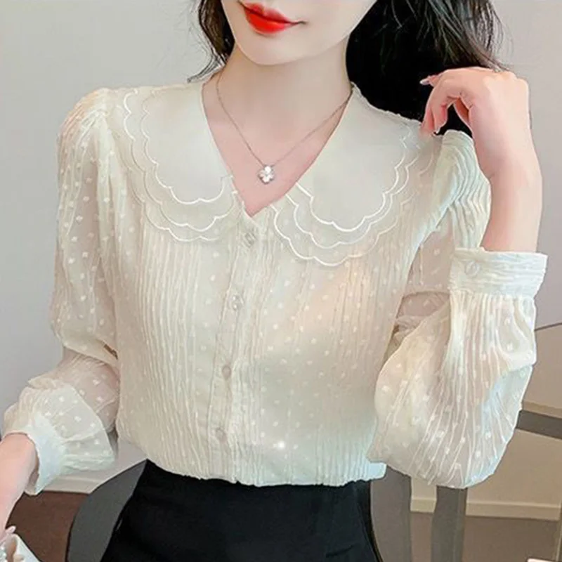 Sweet Peter Pan Collar Spliced Loose Ruffles Shirt Female Clothing 2023 Autumn New Casual Tops Solid Color Office Lady Blouse