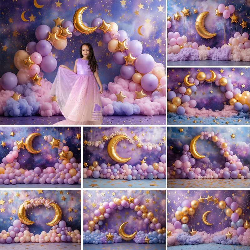 

LS Photography Background Purple Twinkle Twinkle Little Star Clouds Girl 1st Birthday Cake Smash Decor Backdrop Photo Studio