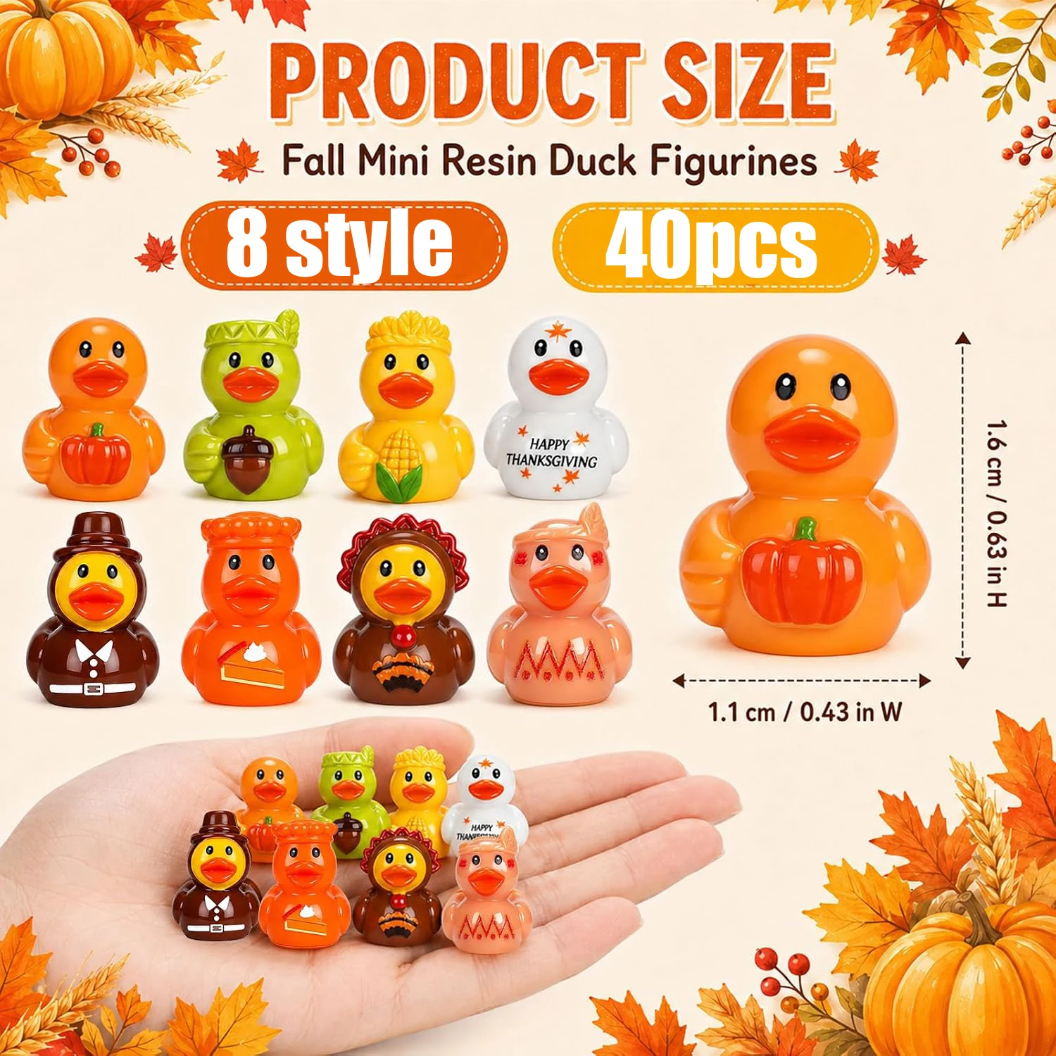 40 Pcs Fall Mini Resin Ducks 8 Styles Thanksgiving Tiny Small Duck Figures Bulk Autumn Miniature Resin Figurines for Fall Party