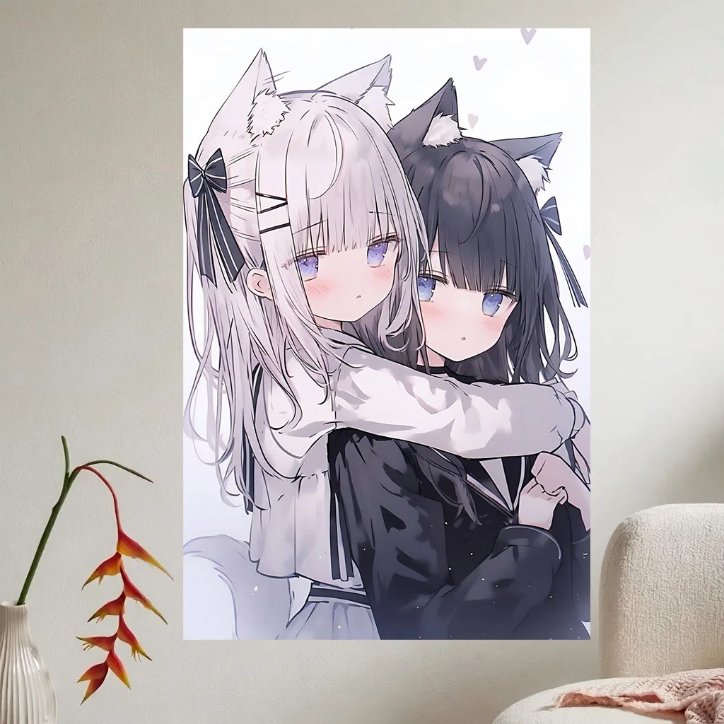 Anime Cat Girl Tapestry Two Neko Girls Hug Aesthetic Wall Hanging Polyester Room Decoration Items Home Bedroom Dorm Background