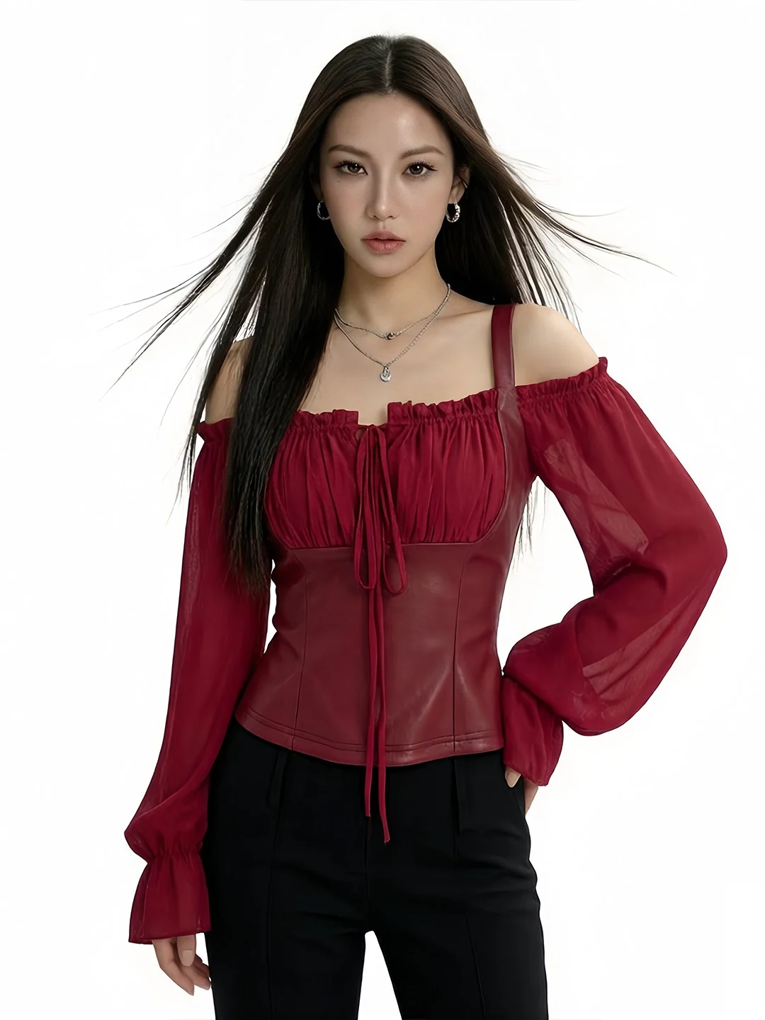 

Винно-красная кожаная блузка с вставками, женская модная ретро-блузка с завышенной талией, французский стиль, приталенный крой, длинный рукав