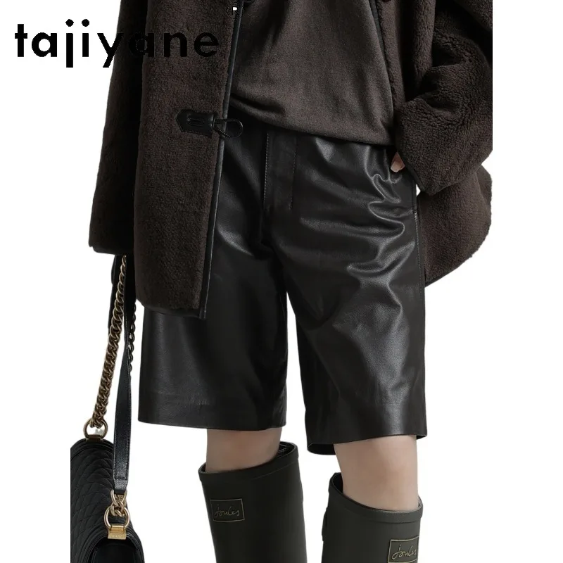 TAJIYANE Top Layer Cowhide Genuine Leather Shorts Baggy Straight Shorts for Woman Knee Length Midi Shorts Black Брюки Женские