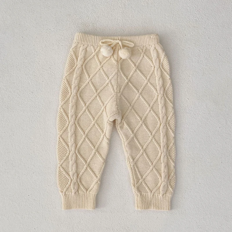 Autumn new 0-3 year old baby pants for boys and girls, diamond pattern apricot white knitted elastic ankle long pants