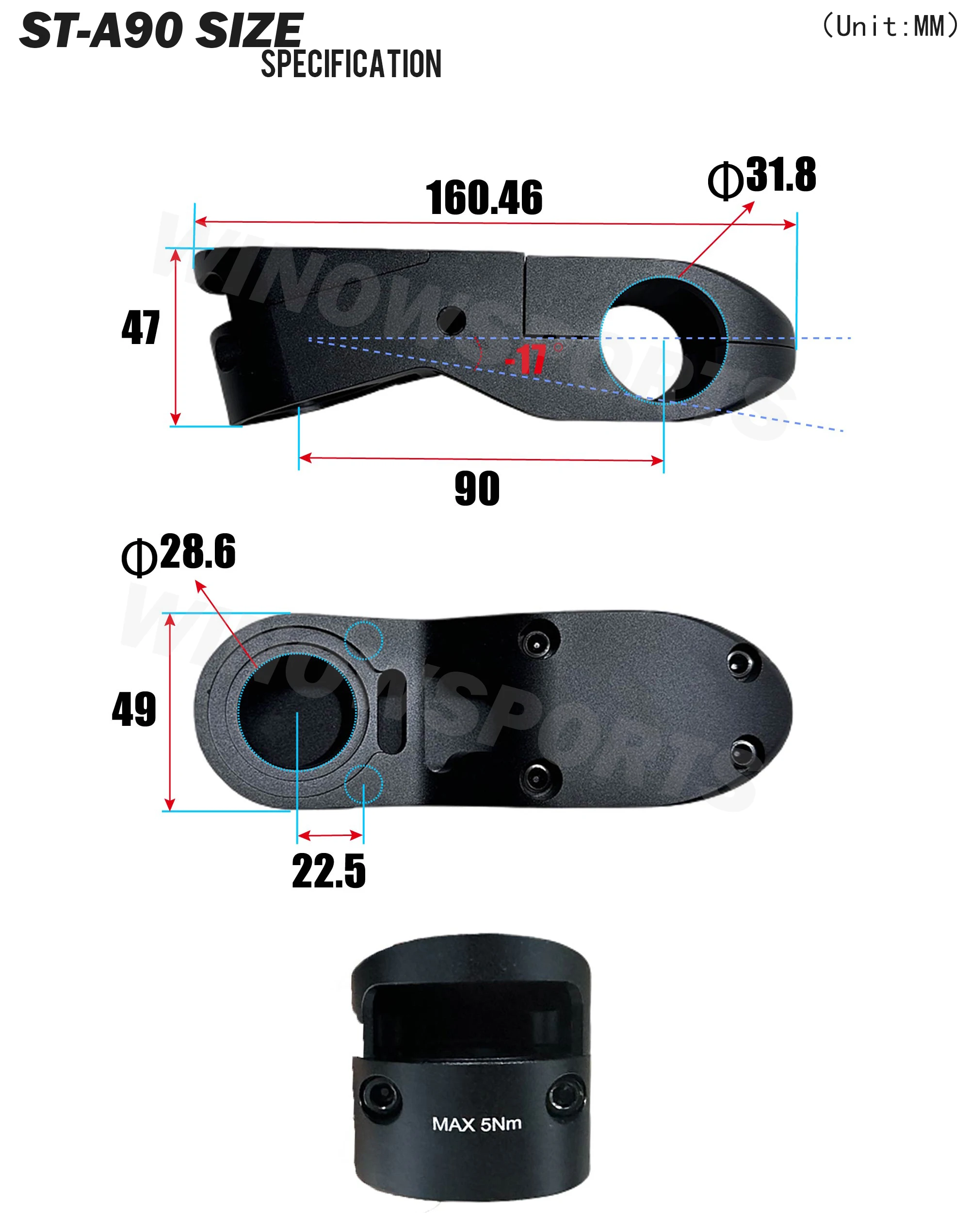 Winowsports New Arrival Alloy Stem 90MM Time Trial Tt Aluminum Alloy Cycling Accessories for HB052 TT Handlebar Use