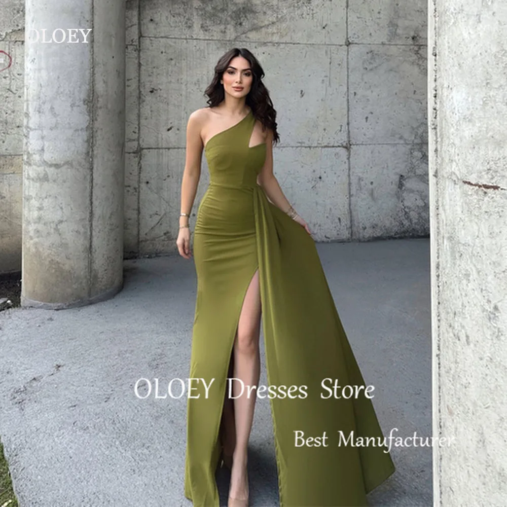 

OLOEY Sexy Army Green Long Evening Dresses Women One Shoulder Split Arabic Dubai Floor Length Prom Gowns Formal Party Dress