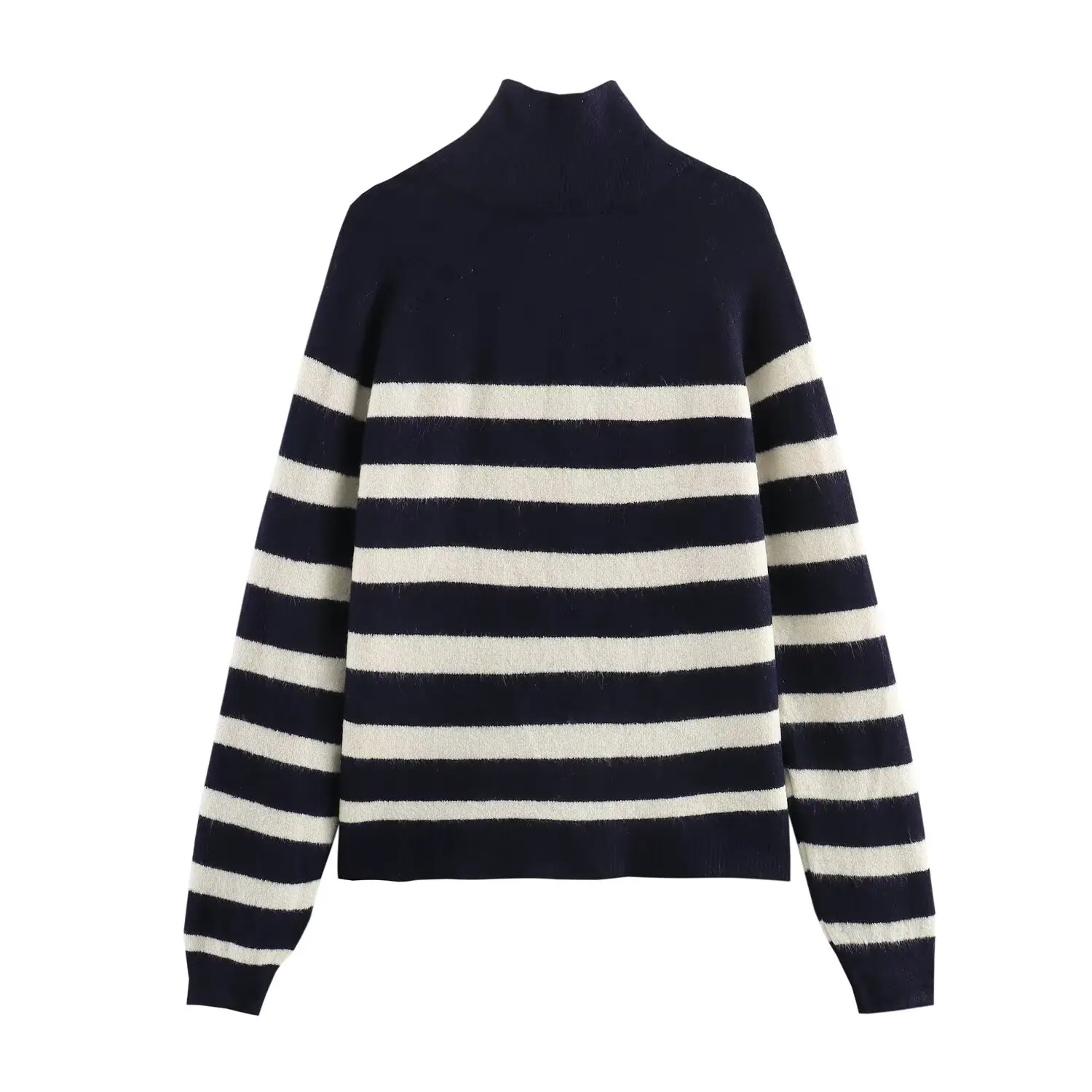 Maxdutti Retro Pullover Winter Sweater Fashion Women's With Blue Stripe Zipper Casual Knitwear Women Tops