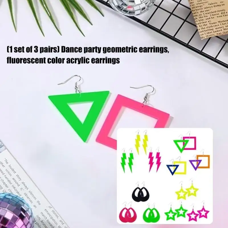 31BB Dynamic Fluorescent Acrylic Earrings 3 Twosomes Multiple Designs Including Streak Star Designs Party Wear Jewelry