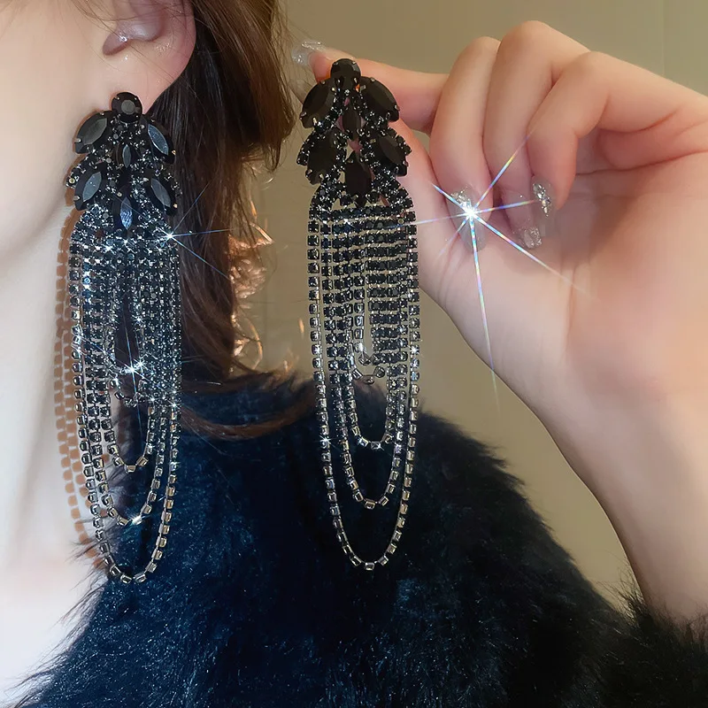 FYUAN Geometric Crystal Earrings Oversize Long Tassel Rhinestone Earrings for Women Luxury Earring Statement Jewelry