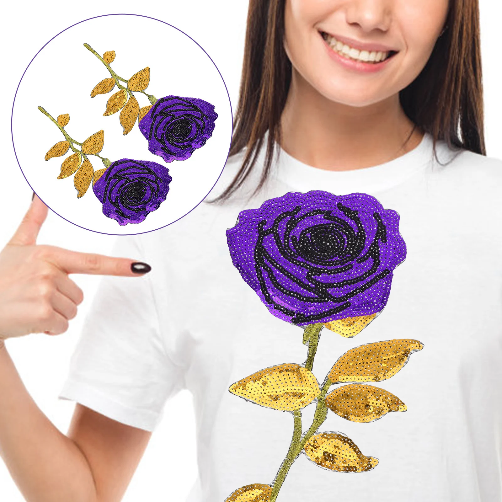 

2Pcs Embroidered Rose Sequin Patches Iron on Sew on Floral Applique for Clothes Jeans Bags DIY Decoration Clothes Patches Rose
