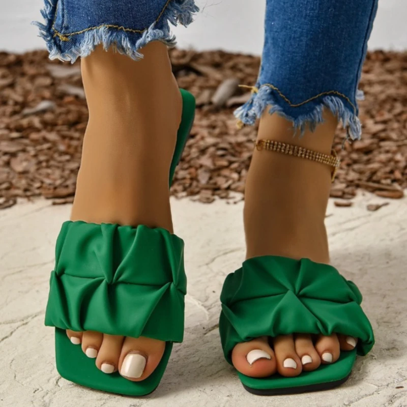 

Summer Slippers For Women Flip Flops Flats 2026 New Pleated Korean Slippers Women Sandals Green Slip On Shoes Big Size 35-42