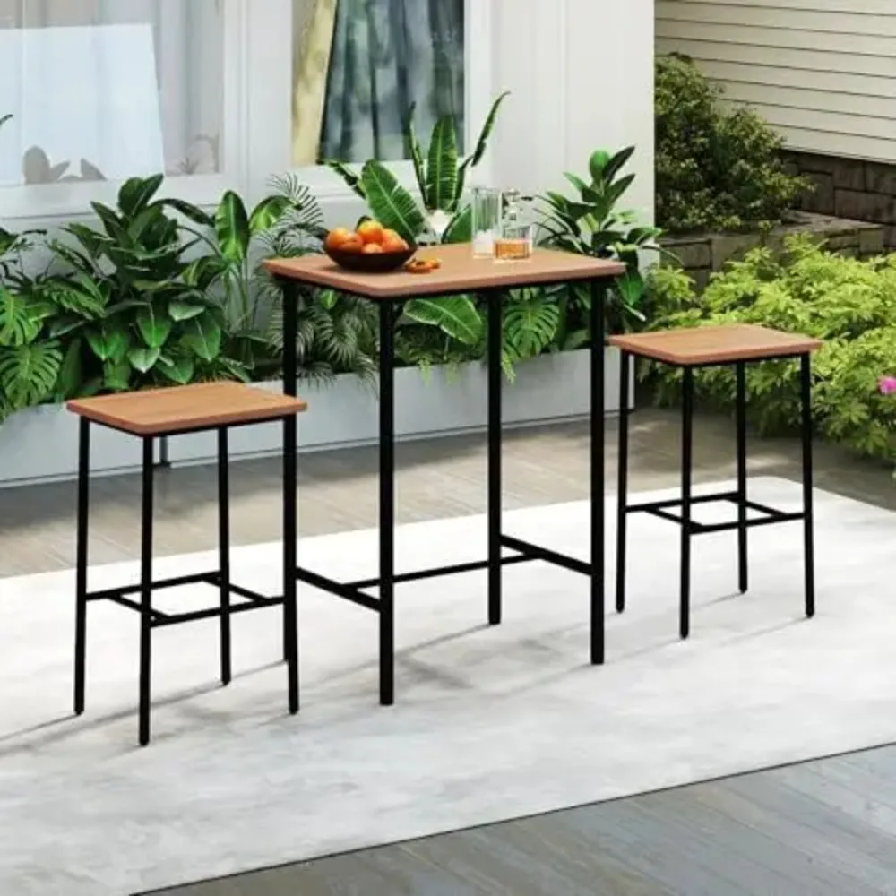 3 Pieces Acacia Wood Patio Bar Set, Space Saving Outdoor Bar Height Rectangular Table and Stools Set with Metal Frame