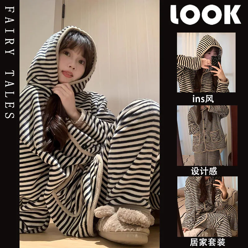 Autumn Winter Women Loungewear Fluffy Striped Hooded Pajamas Thick Warm Set Girls Ladies Soft Loose Homewear Woman Comfortable