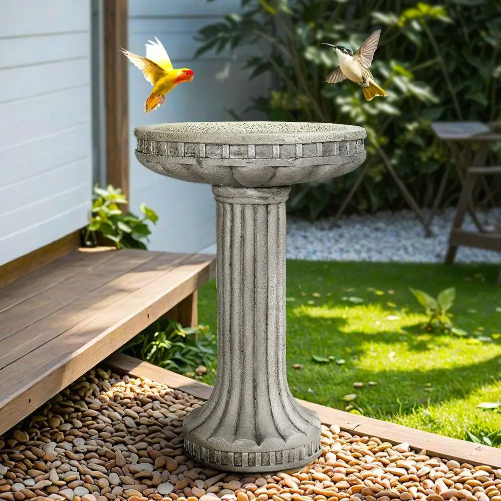 SunJet 24” H x 16” Dia Outdoor Birdbath with Classical Pedestal - ibre Reinorced Concrete Birdbaths, Vintage Design or Garden De