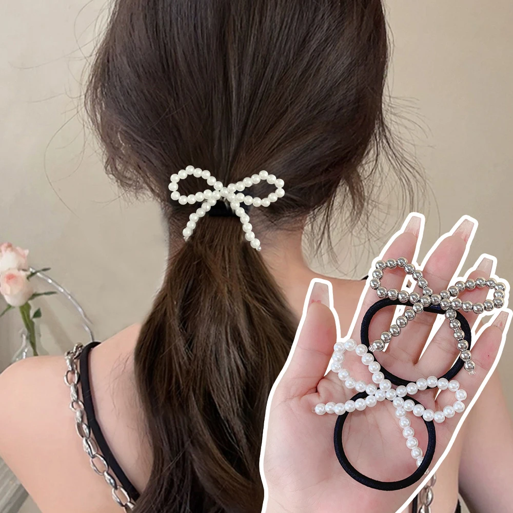 2 Pcs Sweet Pearl Butterfly Rhinestone Hair Rope with High Elasticity Durable Hair Accessories for Women Practical Accessories