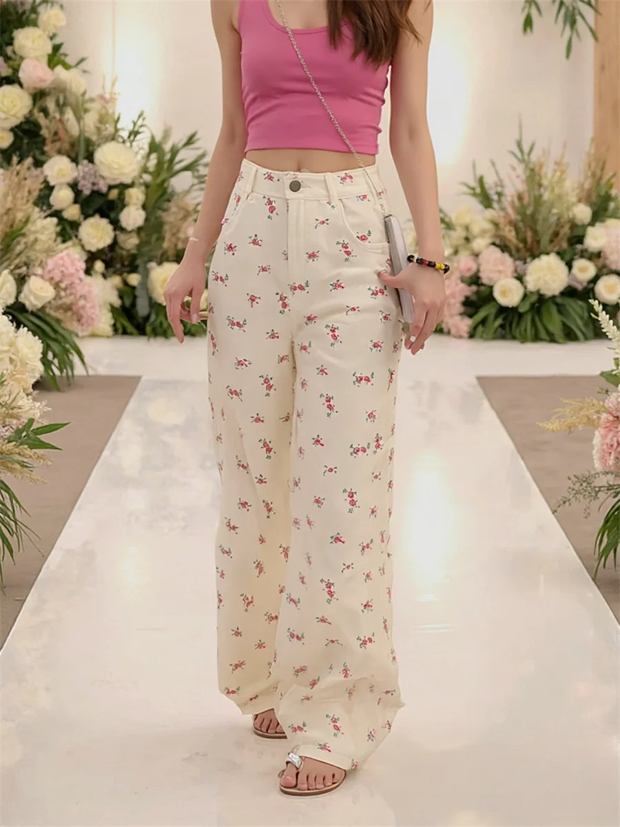 

Милые джинсы с высокой талией и цветочным принтом, мешковатые женские джинсовые брюки, женская одежда, весенняя, против морщин, со средней посадкой, хипстерские, велосипедные, гоночные, шикарные