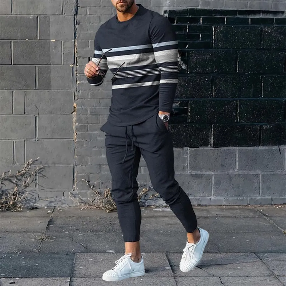 Autumn Fashion Lattice 3D Print Men Sportswear Set Casual Long-Sleeved T Shirt Pants 2-Piece Set Oversized Pullover Men Clothing