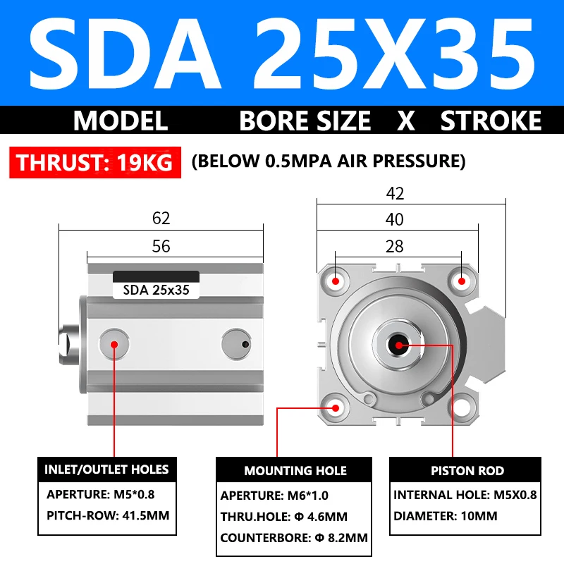 

ABILKEEN SDA25X35 Серия SDA Тонкий воздушный цилиндр 25 мм с внутренней резьбой Диаметр X 35 мм Ход Пневматический компактный цилиндр двойного действия