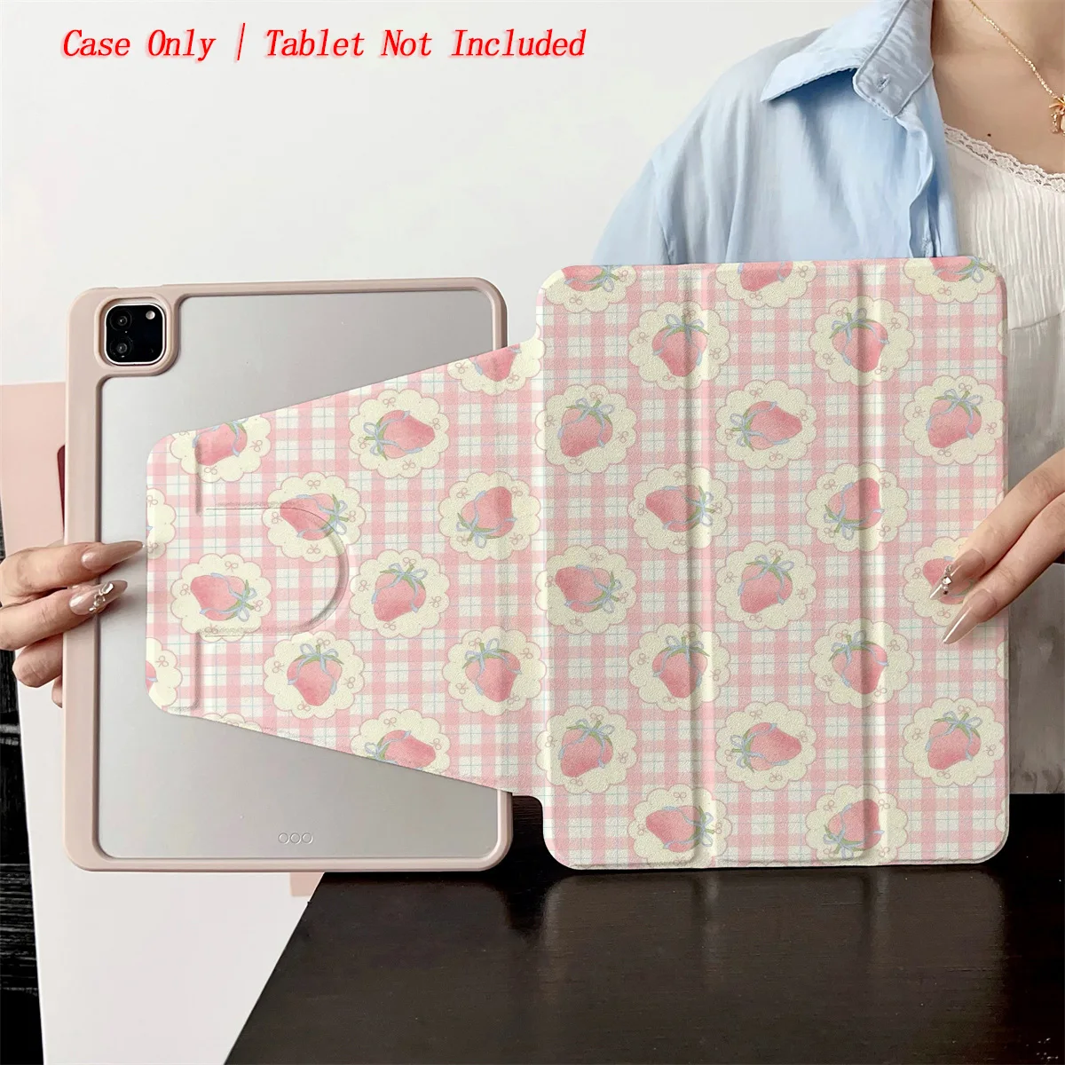 

Lovely Pink White Plaid & Strawberry iPad Case For Apple iPad 10th Gen Pro 11 Air 4 Mini 6 Slim Anti-Scratch Cover