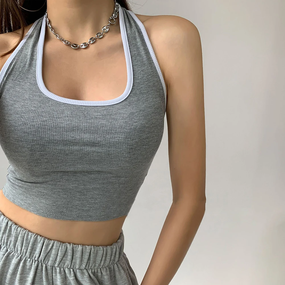 Slim Sleeveless Hanging Neck Crop Top Women Summer Fitness Sport Vest Solid Color Tank Top For Casual Party Daily Wear Fashion