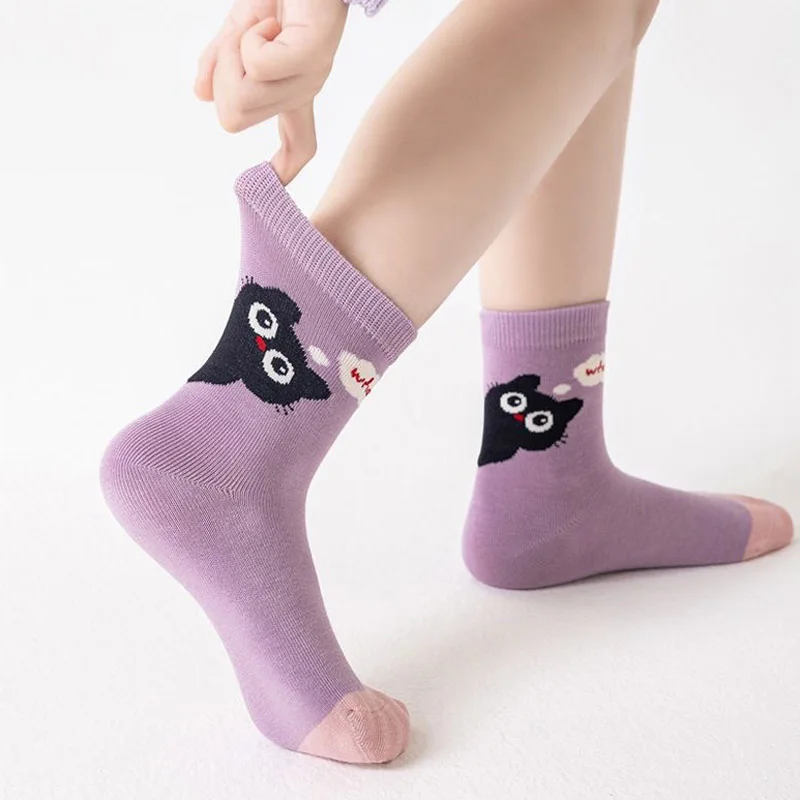5 Paar Mädchensocken mit niedlichem Cartoon-Katzen-Streifendesign, bequeme Kindersocken für Babys – Detail 6