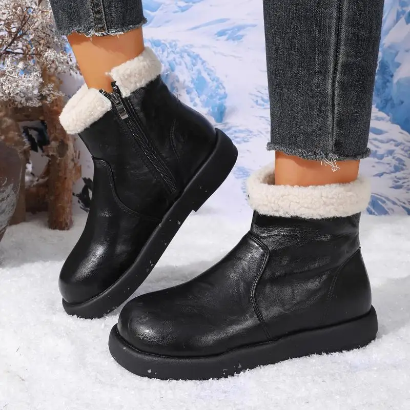 Fashion Pu Leather Women's Snow Boots Winter 2026 Faux Lambswool Warm Ankle Boots Female Thick Platform Non Slip Short Booties