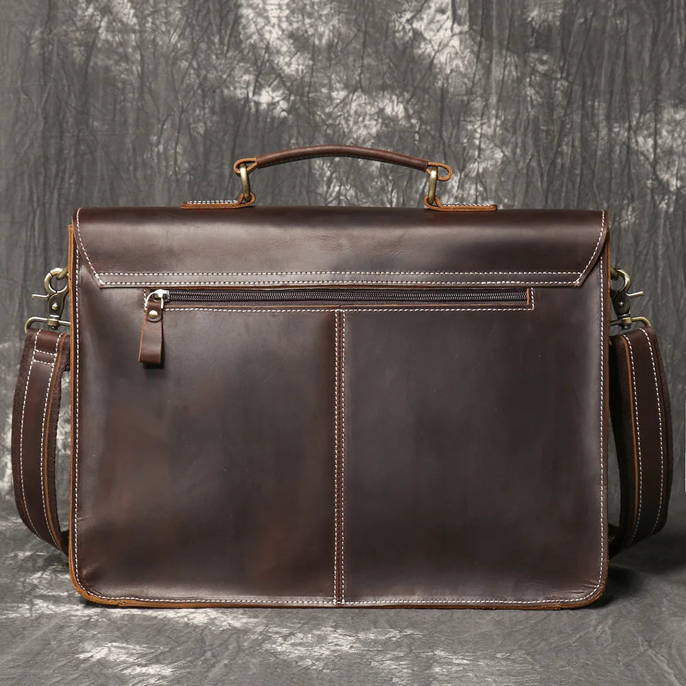 Vintage Handmade Crazy Horse Leather Handbag Large Capacity Briefcase For Men 15