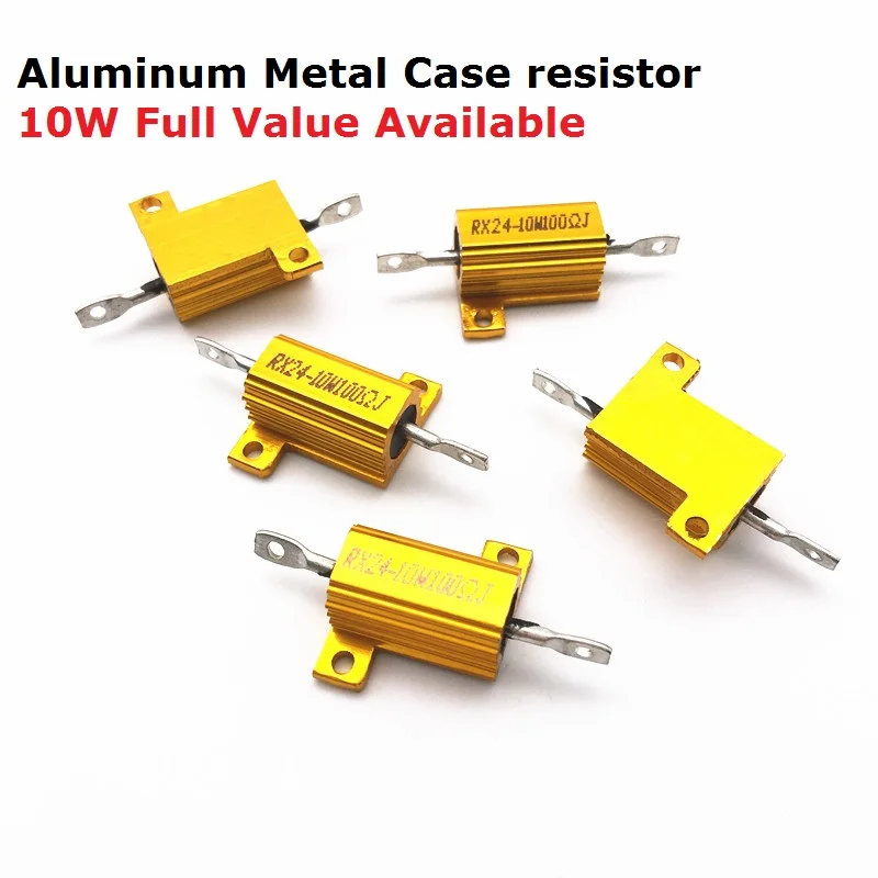 5PCS RX24-10W-5RJ 6RJ 8RJ 20RJ 22RJ 5% Golden Aluminum Metal Case Resistor 5R 6R 8R 20R 22R Wirewound High Power Metal Shell