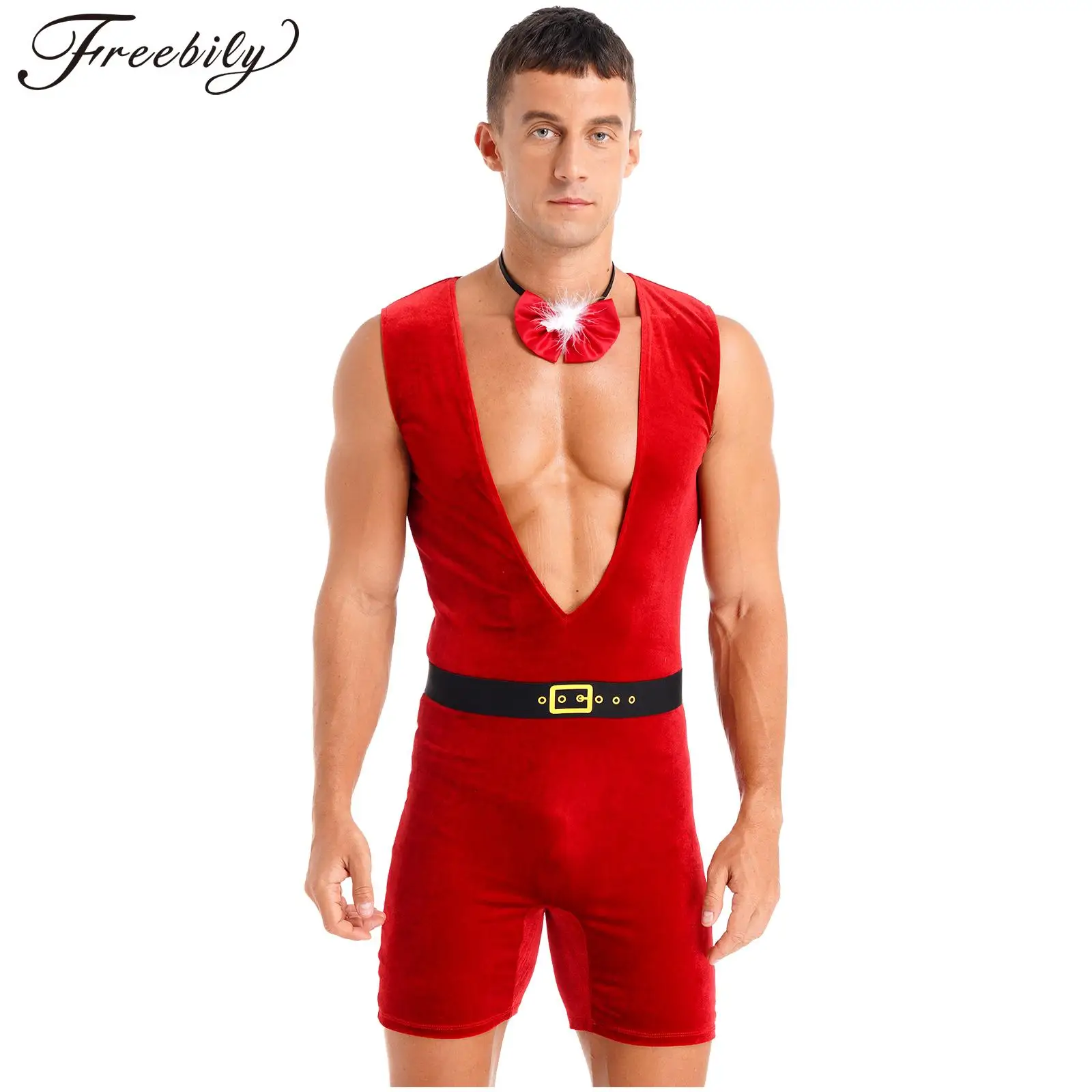 Mens Christmas Bodysuit with Belt Feather Trim Bow Xmas Halloween Theme Party Cosplay Costume Club Stage Performance Jumpsuit