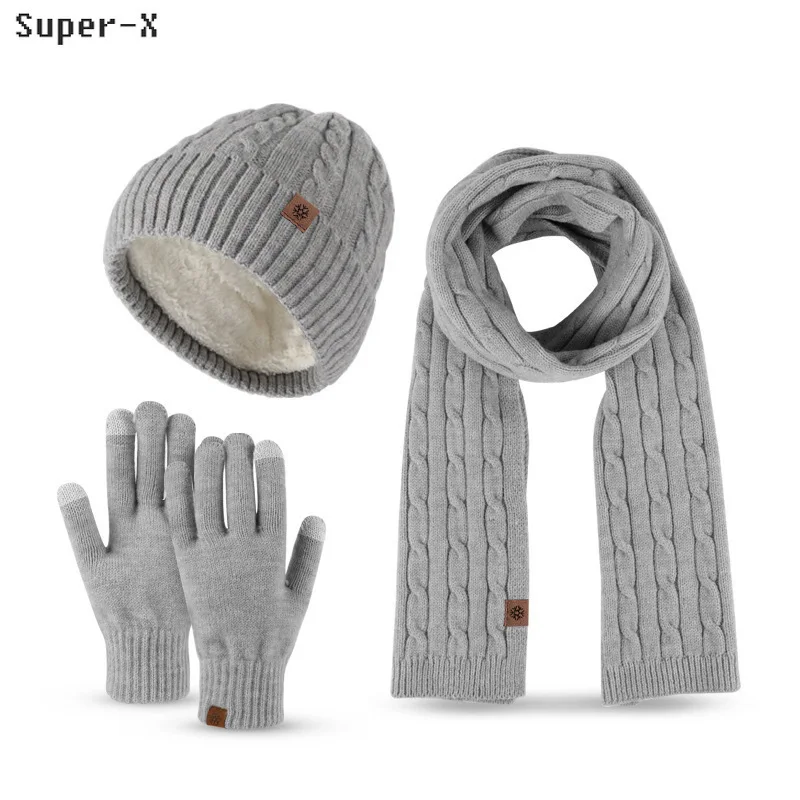 3pcs set Men Wool Winter Hat Scarf Glove Women Beanies Hats Set Long Scarf Touch Screen Gloves