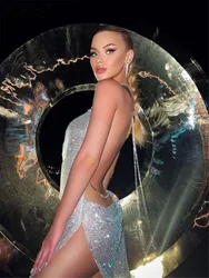 AKYZO 2025 Sexy See Through Shining Rhinestone Mini Dress Women Fashion Sequined Split Irregular Backless Nightclub Party Dress