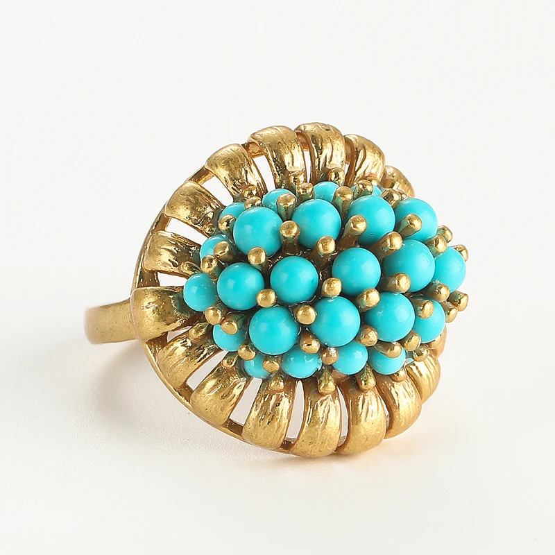 Vintage-Schmuck, blaue Türkisringe, Naturstein, Blattform, für Damen, goldfarben, Accessoires, Designer-Trends im Jahr 2026, hohe Qualität