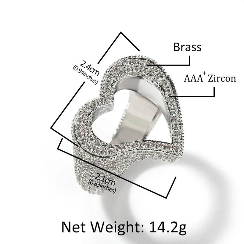 Hip Hop 3A+ CZ Stone Paved Bing Iced Out Heart Rings for Men Women Unisex Rapper Jewelry Rose Gold Silver Color