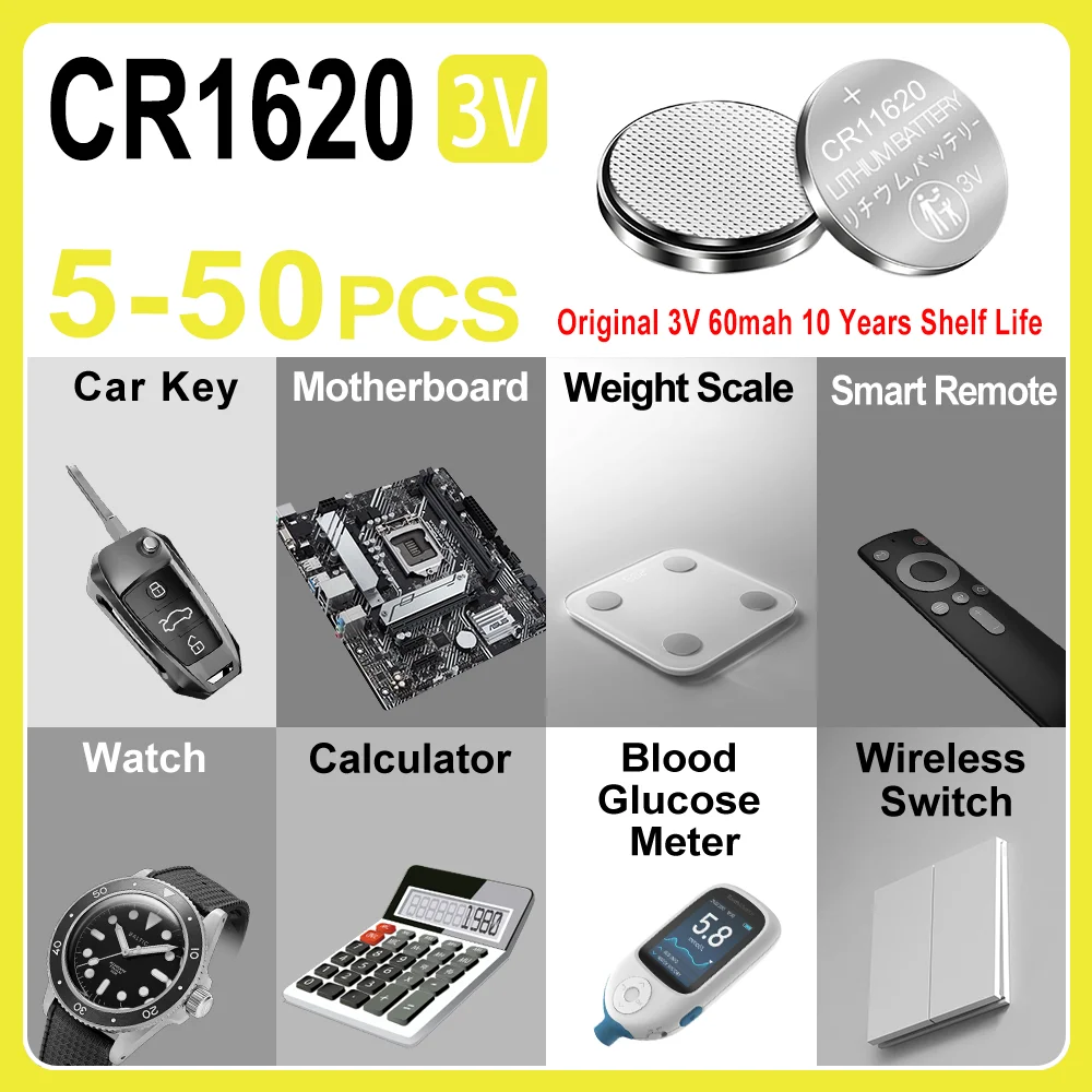 5-50PCS CR1620 Battery 3V Button Battery For Watch Car Remote Control Calculator Scales Shavers DL1620 BR1620 Lithium Coin Cells