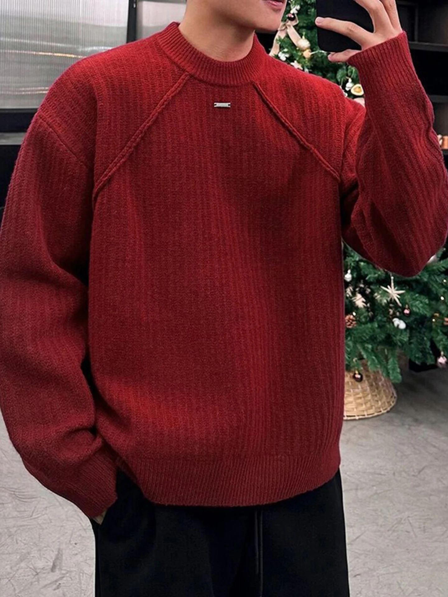 

Handmade Thiened Red Knitted Sweater for Men Winter Casual Sle Metal Tag Sample Year Knitwear Faionable Inner Wear