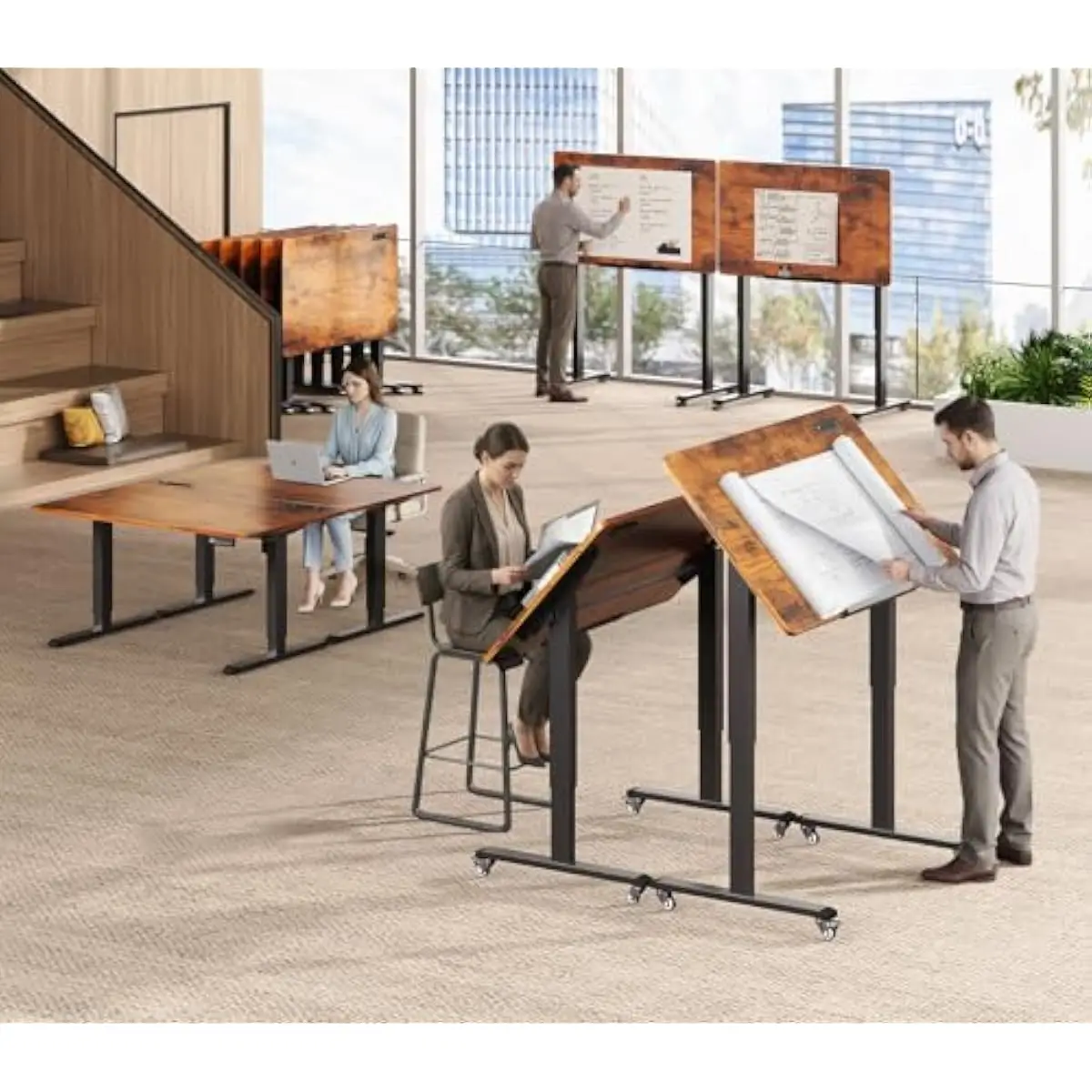 Electric Height Adjustable Desk with 0-180° Tilting Surface Foldable Mobile Design Rustic Brown Modern Engineered Wood Top Alloy