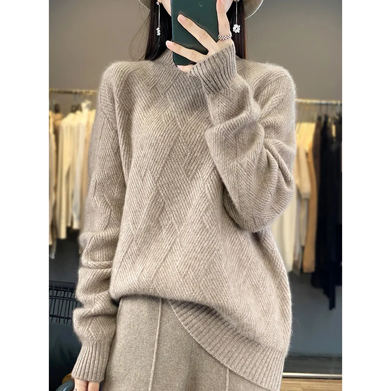 100% Wool Turtleneck Sweater Women Fashion Mat Solid Autumn Winter New Casual Loose Tops Knitted Long Sleeve Female Pullover