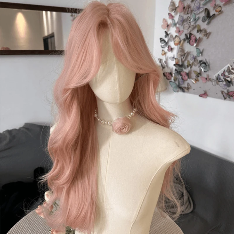 

Pink wigs for Women Dense Long Wave Cospaly Lolita Daily Party Synthetic Wig with Bangs Fake Hair High Temperature Wigs 가발