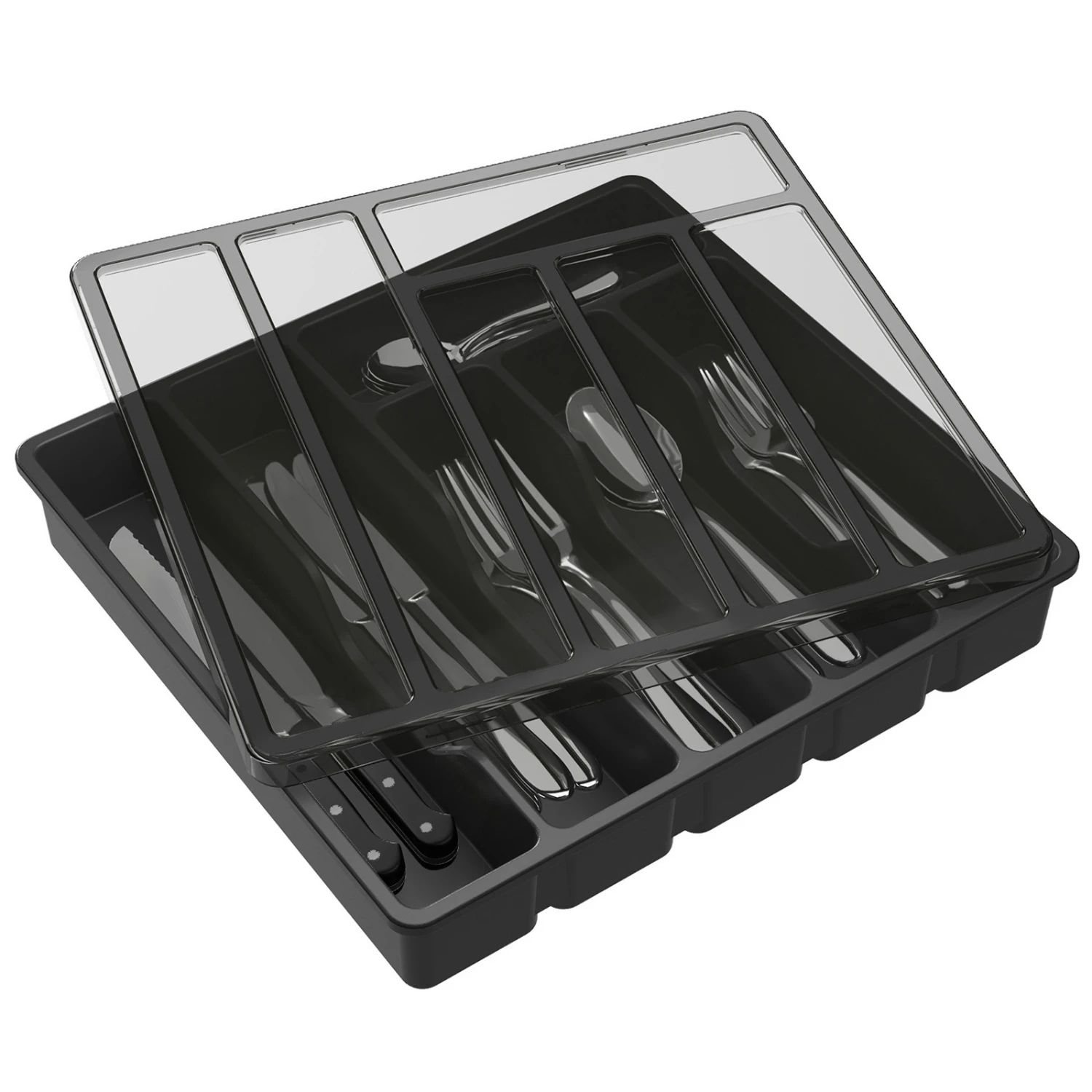 Silverware Organizer with Lid, Covered Utensil Tray for Kitchen Drawer and Countertop, Plastic Cutlery and Flatware  Box for Spo