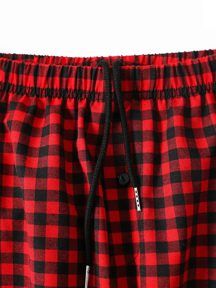 Men\'s red plaid pajama pants home loose straight with drawstring pockets fashionable can be worn outside