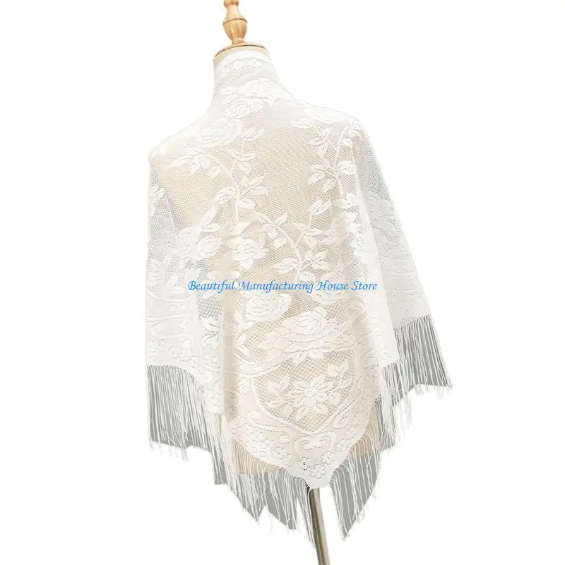 E56A Lace Tassels Cover Up Multiuse Shawl Wrap for Various Occasion and Evening Event