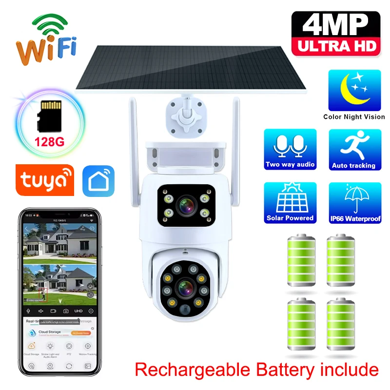 

4MP Tuya WiFi Camera Solar Outdoor Waterproof HD Dual Lens Wireless PTZ PIR CCTV Auto Tracking Smart Life APP Control