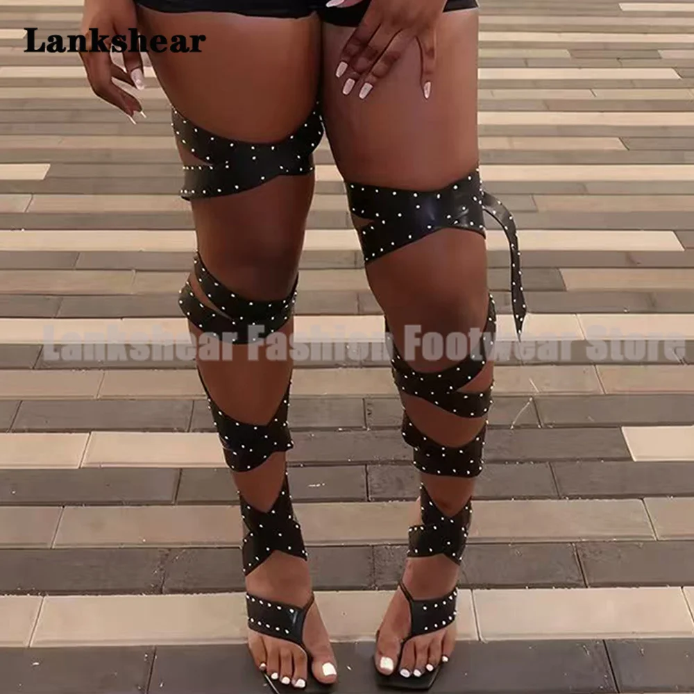 

Rivets Straps Long Sandals Pointy Toe Gladiator Sandals Women Shoes Summer Sexy Knee High Sandals Sandalias De Mujer Verano