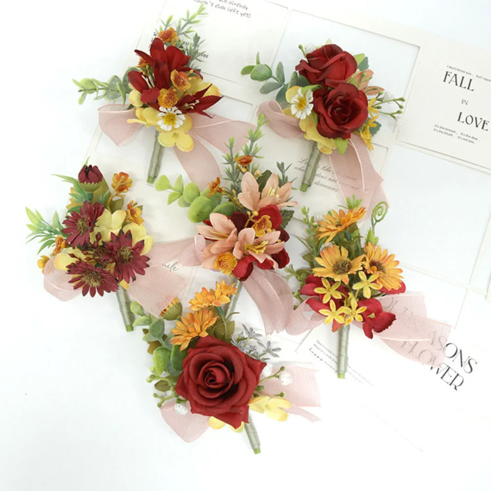 Boutonnieres DE BODA Burdeos clásicos para hombres, alfileres de flores, ramillete de rosa de seda falsa, broche de muñeca, accesorios de matrimonio para novio