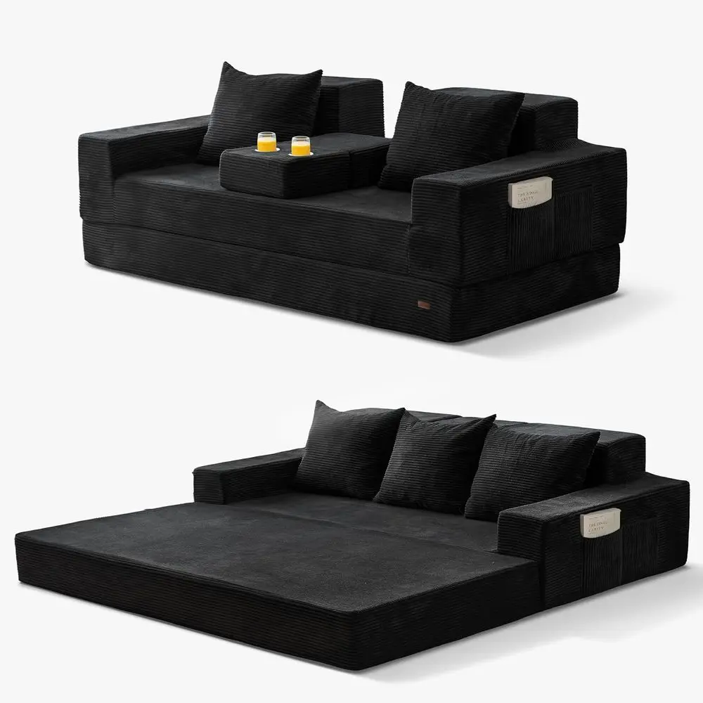 

Convertible Sofa Bed, 80 Oversized Foldable Floor Sofa Couch in A Box with 2 Cup Holders, Folding Sleeper Chair for Living Room,
