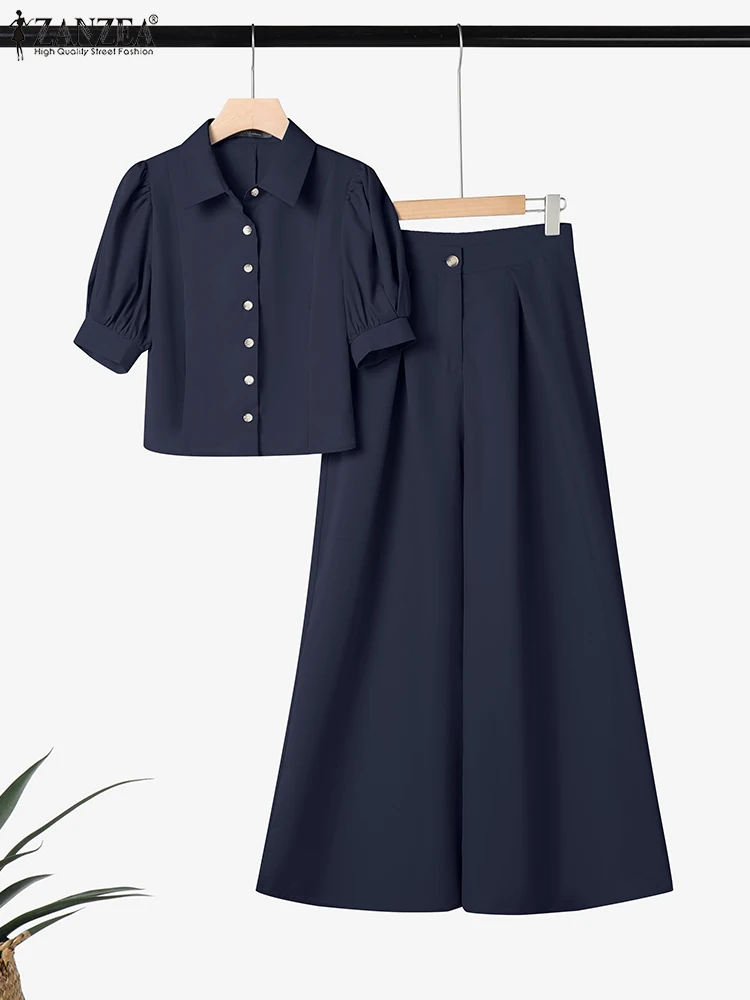 

2025 ZANZEA Модные летние комплекты из 2 предметов Женская одежда Широкие брюки Комплекты OL Рабочий спортивный костюм Рубашка с короткими рукавами-фонариками Брючный костюм